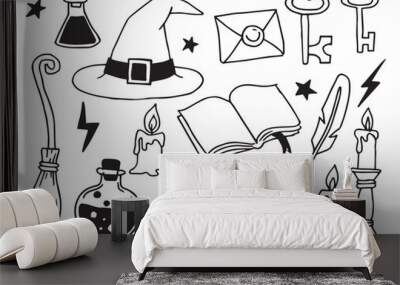 Set on the theme of magic, witchcraft. vintage black and white halloween print in hand drawn style Wall mural