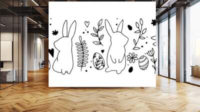 vector drawing. easter print, banner. doodle style seamless border with cute easter bunnies, hares, eggs and abstract flowers. black and white line drawing Wall mural