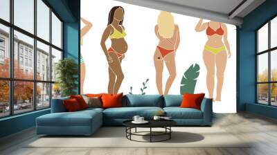 vector illustration, summer set. women of different nationalities in bathing suits, bikinis. body positive, silhouettes of different young women on summer vacation at the beach isolated on white Wall mural