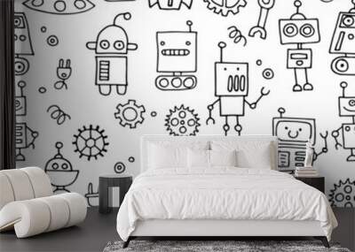 vector seamless pattern. drawings in doodle style. cute robots, simple illustration for kids. black and white robots, technology of the future Wall mural