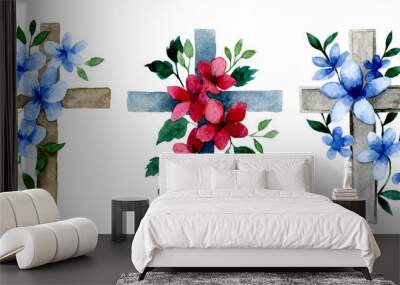 Watercolor drawing, Christian cross with flowers. religious symbol, Easter holiday. Wall mural