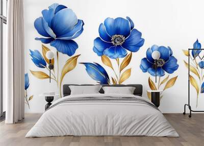 watercolor drawing, set of flowers and leaves in blue and gold colors. flower bouquets isolated Wall mural