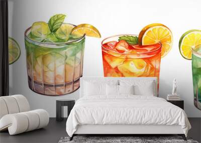 watercolor drawing, set of glasses with alcoholic drinks with ice. cocktails with fruits, berries and lequer. illustration in vintage style. Wall mural