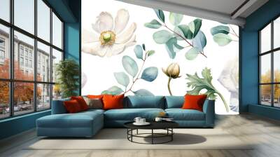 watercolor drawing, set of white flowers and green eucalyptus leaves. flowers and buds of roses, poppies, anemones Wall mural