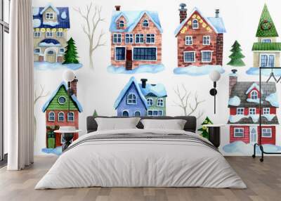 watercolor drawing set of cute Christmas houses, Christmas trees and trees. winter street, fairy-tale houses Wall mural