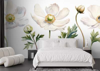 watercolor drawing white poppy, anemone. spring flower in vintage style Wall mural