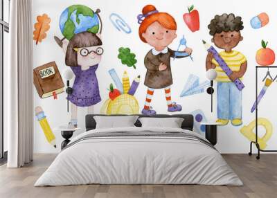 watercolor drawing. funny children, schoolchildren. back to school theme, set of cute characters kids dark skin, educational items Wall mural