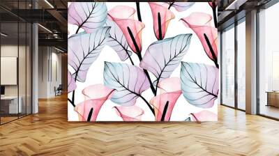 watercolor drawing. seamless pattern of transparent tropical flowers and leaves. pink calla flower and leaves of pink and blue colors isolated on white background. print for wallpaper, fabric, textile Wall mural