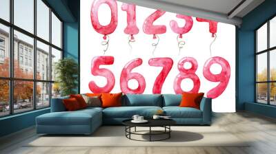 watercolor drawing. set of balloons with numbers. Collection of festive balloons in pink color for the birthday. clipart for girls. Wall mural