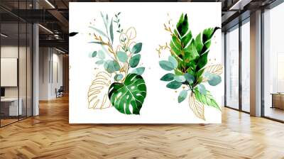 watercolor drawing. set of compositions, bouquets of tropical leaves. green and gold leaves of palm, monstera, banana. boho style decoration with shiny gold elements Wall mural