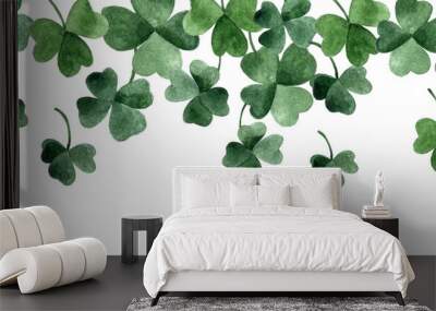 watercolor seamless border, frame of green four-leaf clover leaves. decoration for st. patrick's day. Wall mural