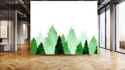 watercolor seamless border with green fir trees. pattern, print with abstract fir trees, fir trees isolated on a white background. christmas, new year. Wall mural