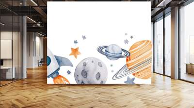 watercolor seamless border with space rocket, planets and astronaut. cute drawing for children, cartoon. Wall mural