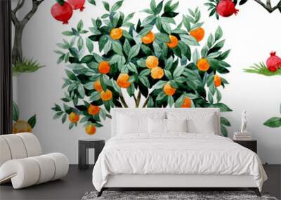 watercolor seamless pattern with fruit trees. print with ripe fruits of pomegranates, tangerines and oranges Wall mural