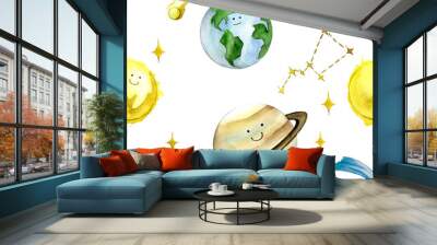 watercolor seamless pattern with planets and stars. cute print for kids smiling sun, moon, saturn. astranomy for children Wall mural