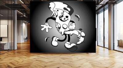 Funny cartoon character. Vector illustration of slice of pizza. Comic element in trendy retro cartoon style. Wall mural