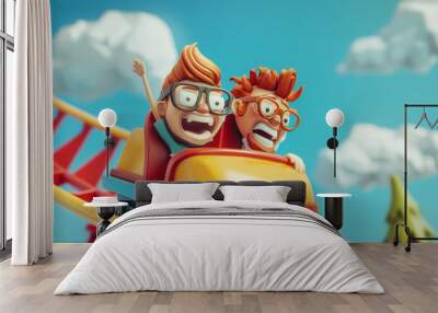 3d illustration of two cartoon characters having fun on a roller coaster ride against a blue sky Wall mural