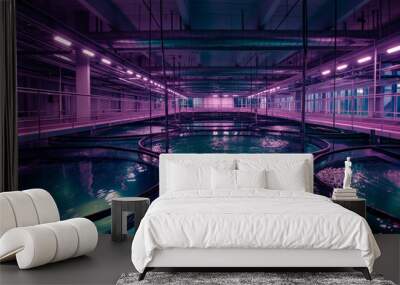 A glimpse into the cutting-edge futuristic aquaculture facility interior with circular tanks and innovative purple lighting technology for sustainable fish farming Wall mural