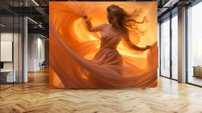 Beautiful girl in a long orange dress on a light background. Wall mural