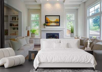 Bright and renovated living room featuring minimalist furniture, a cozy fireplace, and a tranquil wall art Wall mural