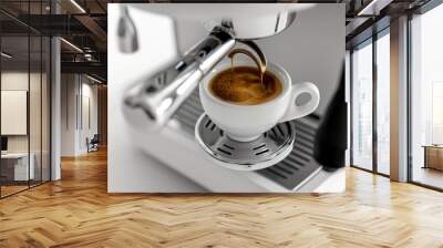 Close up of an espresso machine pouring a fresh cup of coffee, with a white background Wall mural