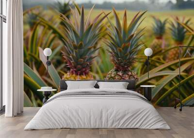 Close up of two ripe pineapples growing on a lush pineapple plantation in queensland, australia Wall mural