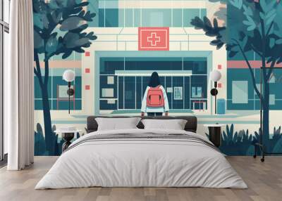 Embarking on a journey to a modern healthcare facility: illustration of a person walking with a backpack to access medical care at a hospital outpatient center Wall mural