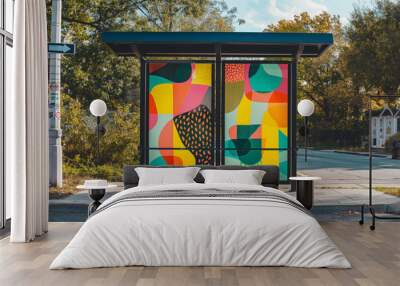 Empty bus stop shelter displaying a colorful abstract advertising mockup on a sunny day, set against a backdrop of urban foliage Wall mural