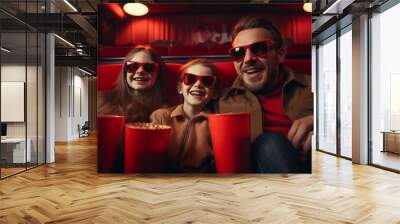 Father with two children wearing 3d glasses in a theater, smiling with popcorn Wall mural