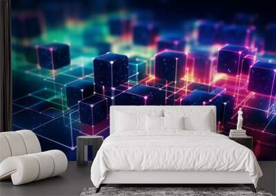 Futuristic 3d digital illustration of a neon blockchain network with glowing cubes, abstract encryption, and cyber security technology on a virtual grid background in blue and purple lights Wall mural