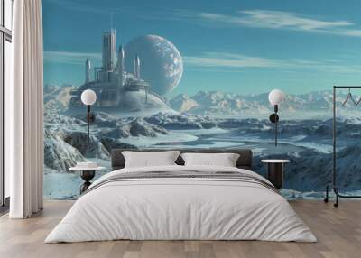 Futuristic moon base with earth view Wall mural