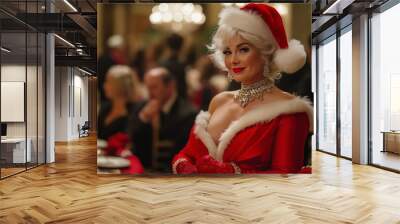 Glamorous woman wearing a santa claus costume is posing during a christmas gala dinner Wall mural