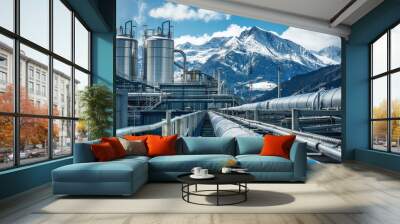 Metal pipelines transporting materials in an industrial plant for processing titanium, with snow capped mountains in the background Wall mural