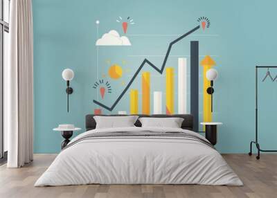 Minimalist illustration of upward trend in business success chart with strategic planning and corporate financial improvement icon concept Wall mural