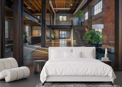 Modern open concept office space utilizing exposed brick and steel beams from the original structure Wall mural