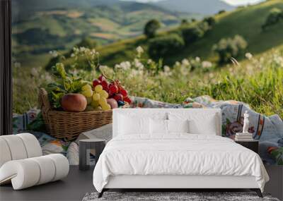 Open bible and a wicker basket full of grapes and apples are laying on a blanket during a relaxing picnic in a mountain meadow Wall mural