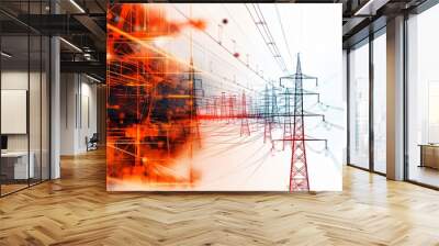 Power grid network carrying high voltage electricity with a technological overlay symbolizing the modernization of energy distribution Wall mural