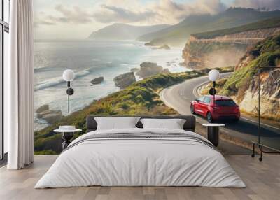 Red sedan enjoys a picturesque journey on a winding coastal road with vibrant ocean views Wall mural