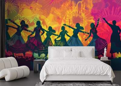 Silhouettes of people performing garba, a traditional dance, against a bright backdrop of fireworks and festive colors Wall mural