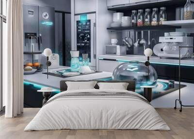 Sleek, high-tech smart kitchen with advanced appliances illuminated by soft blue lights Wall mural