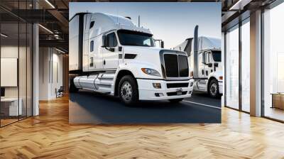 Two big powerful professional  white semi truck for long haul delivery commercial cargo. Summer road with meadows. Generative AI technology Wall mural