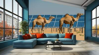 Two camels standing near a solar panel farm in the desert, showcasing the contrast between traditional desert life and modern renewable energy Wall mural