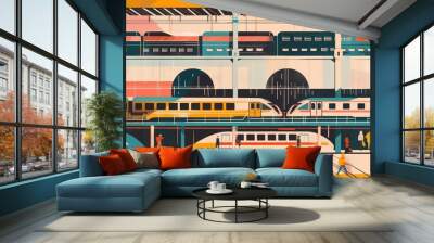 Vibrant and bustling modern city train station illustration with geometric shapes and vibrant colors depicting the hustle and bustle of daily commuter life Wall mural