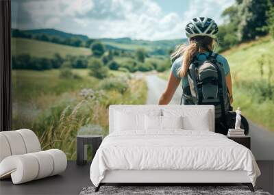 Woman on a bicycle tour enjoys the tranquility of a scenic countryside road amidst lush green landscapes under a clear sky Wall mural