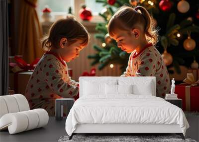 Happy Children in Pajamas Opening Presents in Front of Christmas Tree Wall mural