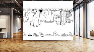 Vector illustration of clothes on a hanger with shoes Wall mural