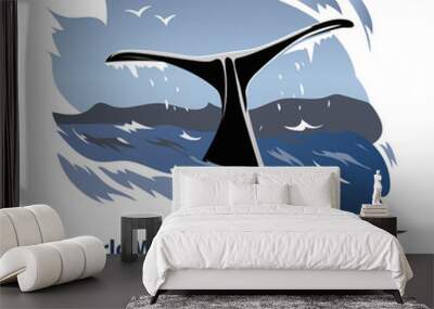 The tail of a diving whale and the handwritten inscription Love sea. Wall mural