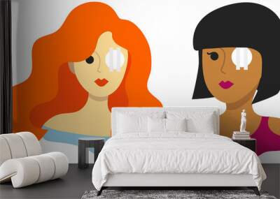 Two portraits of girls with eye bandage after surgery (redhead in blue and dark skinned with black hair in purple clothes) Wall mural