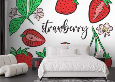 Set strawberries hand drawn vector illustration. Collection whole berries, parts, flowers and leaves. Bundle red sweet juicy berries organic food Wall mural