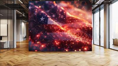 A close-up of a beautifully illuminated American flag at night, with fireworks bursting in the background. The image captures the patriotic spirit of the 4th of July. Wall mural